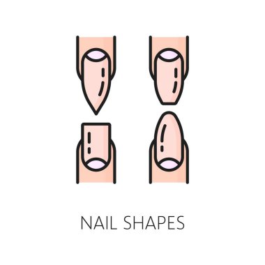 Manikür servisi renk çizgisi simgesini şekillendirir. Tırnak kozmetolojisi, kadın güzelliği ya da kaplıca salonu kozmetiği, makyaj dükkanı ince çizgi vektör sembolü. Manikür ve pedikür ana hatları pictogram veya simge