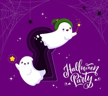 Kawaii ghost flying from keyhole, Halloween paper cut banner. Vector 3d greeting card with cute whimsical spooks emerges playfully from a keyway, casting a charming spell with its adorable presence clipart