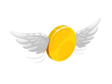 Kanatlı 3D altın para. Parlak, parlak yüzeyi olan izole edilmiş vektör altın para birimi, finansal büyüme, başarı, nakit ve finans özgürlüğünü simgeliyor. Sarı kanatlı altın para havada süzülüyor.