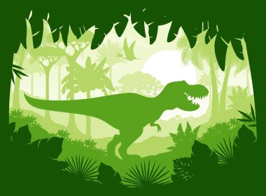 Jurassic Park 'ın tropikal ormanlarındaki T-Rex dinozor silueti, karikatür vektör arka planı. Tyrannosaurus ya da T-rex tarih öncesi dinozor kertenkelesi ormanda Pterodactyl silueti ile kükreyen