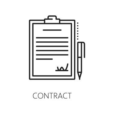 Sözleşme satır simgesi, imza satırları ve kalemle sadeleştirilmiş bir belge tasvir eder. İzole vektör işareti, sembolize edilen anlaşma, hukuki bağlama ve resmi belgeler minimal, stilize tasarım