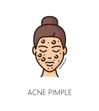 Yüz sivilcesi, yüz derisi çizgi renk ikonu. Dermatoloji tedavisi, yüz ve el derisi problemi ya da vücut hijyeni doğrusal vektör piktogramı. Kadın güzelliği ve kozmetik ana hatları sembolü veya simgesi