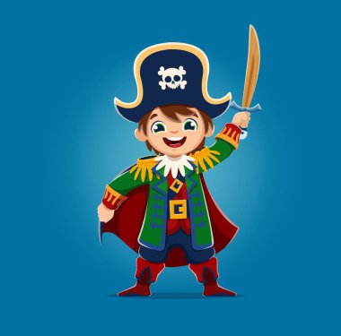 Çizgi filmci çocuk korsan kaptan karakter Tricorne şapkalı kılıç, vektör denizci kişiliği. Korsan ya da korsan kostümlü neşeli komik çocuk. Jolly Roger 'ın kafatası ve şapkalı çapraz kemikler.