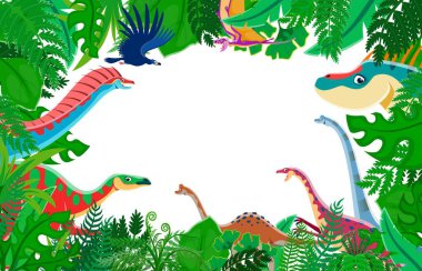 Palmiye ağacı, yeşil yapraklar ve dinazor hayvanlardan oluşan vektör sınırları olan orman ormanlarındaki tarih öncesi dinozorlar çizgi filmi. Şirin titanosauria, amigasaurus, anchisaurus ve Argentavis dinozor çerçevesi