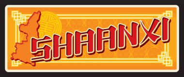 Shaanxi ya da Shensi Çin vilayeti, Çin bölgesi. Vektör seyahat plakası, klasik tabela, retro kart tasarımı. Süslü ve bölge haritalı turist plakası