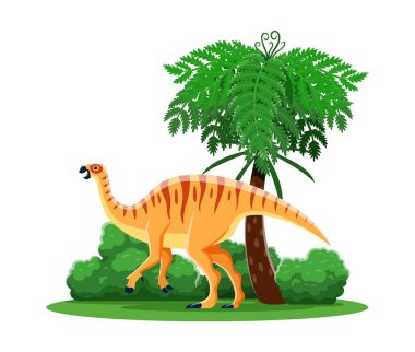 Ormandaki tarih öncesi kamptozor dinozor karakteri. Tarih öncesi tropik palmiye ağacı ve bitkisi olan sevimli bir dinazor hayvan vektör kişiliği. Komik gagalı ornitorenk dinozoru