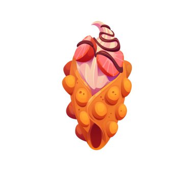 Hong Kong çizgi filmi waffle fast food yemeği. Çikolata soslu ve çilekli izole vektör dondurma. Çıtır çıtır, sivilceli gofret fincanı, tatlı yemek, lezzetli sokak yemeği tatlısı.