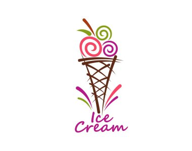 Gelateria için renkli kepçe dondurma ya da gofret külahında dondurma, vektör ikonu. Waffle külahında üç top meyveli dondurma İtalyan dondurma kafe amblemi ya da dondurma standı tabelası.