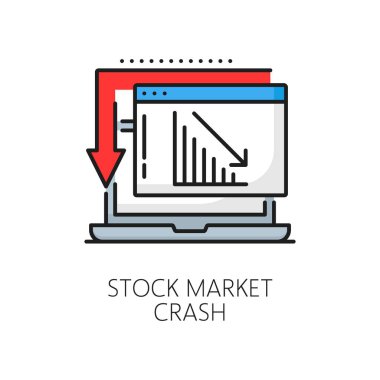 Borsa çöküşü grafik çizelgesi simgesi renkler aşağı ok, vektör ekonomik kriz, finans ve iş durgunluğu. Düşen hisse senedi fiyatları ve iflasın finansal tablosuyla özet geç