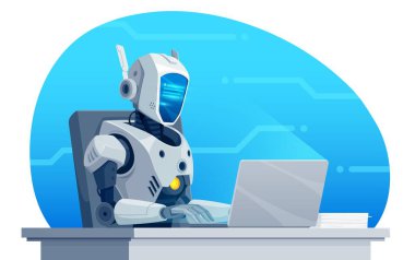 Dizüstü bilgisayarda yazan robot yazar ya da sekreter karakteri. Vector AI yapay zeka robotu veya insansı sayborg yazar, sekreter, editör, blog yazarı ve gazeteci bilgisayar üzerinde çalışıyor
