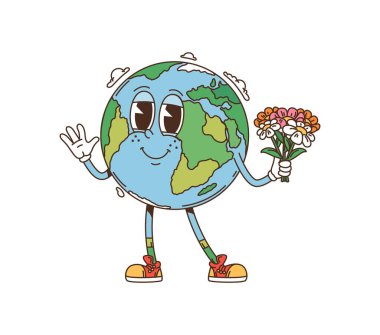 Bir buket çiçek tutan ve el sallayan karikatür harikulade uzay gezegeni karakteri. İzole edilmiş vektör neşeli ve renkli dünya kişiliği neşeyle gülümseyen, küresel mutluluğu resmediyor