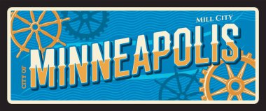 Minneapolis Amerikan şehri retro seyahat levhası, turizm belgesi. ABD kalay işareti, vektör vintage hatıra kartı veya retro tipografi ve direksiyonlu pankart, Mill City