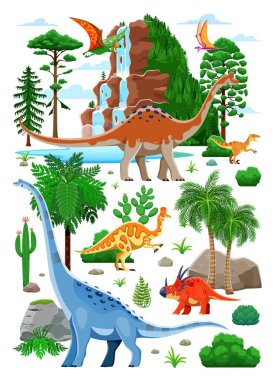 Jurasik orman taşıyıcı pankartıyla çağlayan, dağ ve orman ağaçlarıyla tarih öncesi dinozorlar. Çizgi film titanosauria, plesiosaurus, styracosaurus ve dimorphodon dino karakterleri, palmiyeler ve kaktüsler