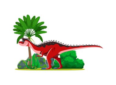 Carnotaurus karikatürü tarih öncesi dinozor. Sırtında siyah benekler ve çiviler olan canlı kırmızı dino, yemyeşil yapraklar ve bir palmiye ağacıyla tropikal bitki ve kayaların yanında duruyor.