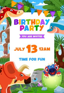 Komik dinozorlar ve yumurta taşıyıcı arka planda bebek dinozorları olan doğum günü partisi broşürleri. Çizgi film sevimli ankylosaurus, arrhinoceratops ve antarctosaurus dinozor karakterleri, dino partisi davetiyesi