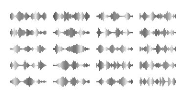 Podcast ses dalgaları, ses dalgaları, müzik sesleri. Ses oynatıcı vektör seti, ekolayzır müzik darbesi. İzole edilmiş tek renkli titreşim dalgaları, melodiler genlik, şarkı ya da ses müziği dalgalı sembolleri.
