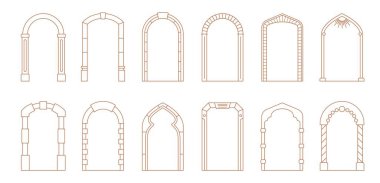 Art deco kemerli pencereler, vektör çizgisi süslemeli kapı çerçeveleri ve kenarları boho şekillendiriyor. Klasik mimari ve iç unsurlar, sütunlu ve dekoratif tuğlalı sanat deco kemer çerçeveleri ana hatları