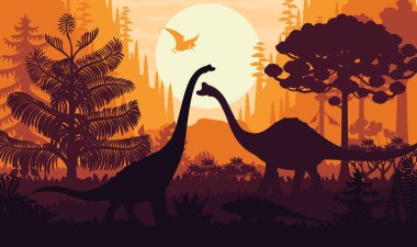 Günbatımı vektör arka planında tarih öncesi dinozor siluetleri. Jurasik orman ağaçları, bitkiler ve batan güneş. Brachiosaurus, pelorosaurus, tapejara ve shansisuchus dinozor siluetleri