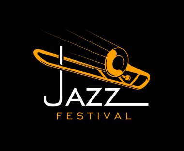 Caz müzik ikonu, siyah arkaplanda turuncu saksafon silueti beyaz Jazz festivali tipografisi yer alıyor. Canlı müzikal eğlence için vektör zarif amblem, retro kulüp müzikal gece etkinliği