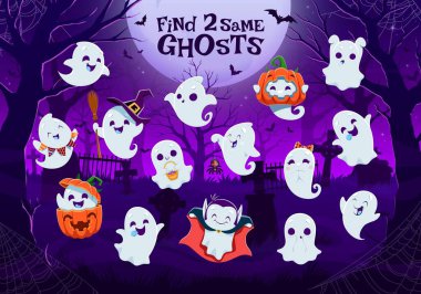 Aynı cadılar bayramı tatlı kawaii karakterlerinden iki tane bul. Çocukların oyun testi. Cadılar Bayramı 'nda mezarlıkta komik hayaletler bulmaca vektör çalışma kağıdıyla balkabakları, yarasalar, ay ve örümcek ağlarını eşleştiriyor.