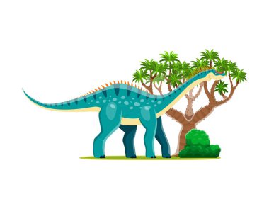 Çizgi film Dicraeosaurus tarih öncesi dinozor karakteri. İzole edilmiş vektör mavi dino hayvan Jurasik çağda ağaçların ve çalıların yanında duruyor. Uzun boyunlu, kuyruklu ve sivri uçlu antik sürüngen.