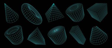 Üç boyutlu ızgara şekiller, telli geometrik şekiller. Koniler, küreler, piramitler, küpler, silindirler veya torus ve soyut bükülmüş dijital yapılar gibi üç boyutlu geleceksel biçimlerin vektör kümesi