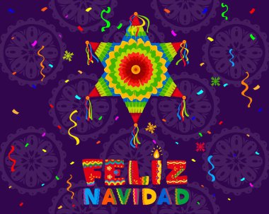 İspanyol Noel Feliz Navidad Posada afişi, pinata, düşen konfeti, geleneksel Meksika deseni ve renkli renkli tipografi. Çizgi film vektör tebrik kartı, tatil sezonunun neşesini yakalıyor.
