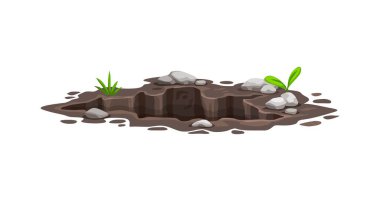 Toprak çukuru, derin kirli çukur ve toprak ya da çamur yüzeyinde oyuk. İzole edilmiş karikatür vektörü kayalar ve yeşilliklerle kaplı çamurlu yarık. Çimenlikteki, çayırdaki, çiftlikteki, ormandaki ya da bahçedeki çevresel doğal boşluk