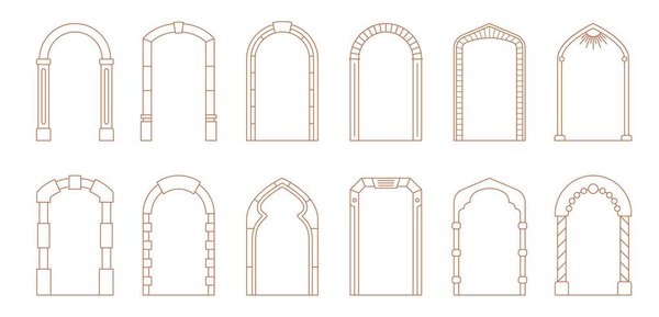Art deco arch windows, door frames with vector line ornaments and boho shapes borders. Vintage architecture and interior elements, outline art deco arch frames with columns and decorative brickwork