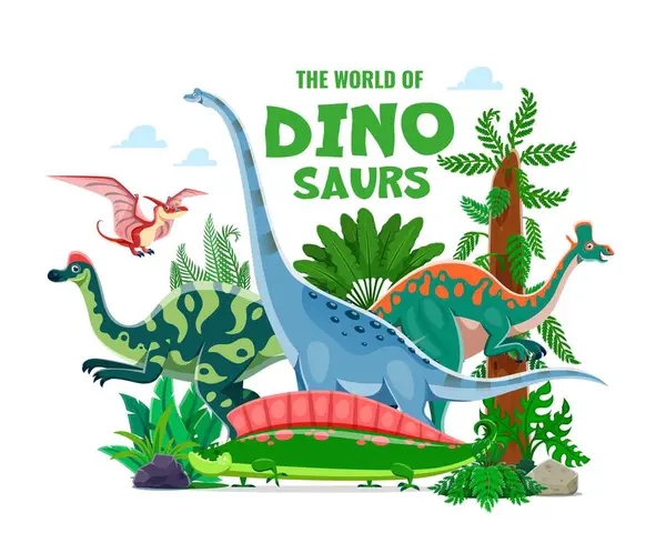 Tarih öncesi dinozorlar atlas kitap kapağı. Renkli, eğlenceli tipografi, taşlar, eğrelti otları ve ağaçlarla bembeyaz yeşillik arazisindeki çizgi film sürüngenleriyle dolu neşeli ve eğlenceli bir dinazor dünyası hikaye kitabı.