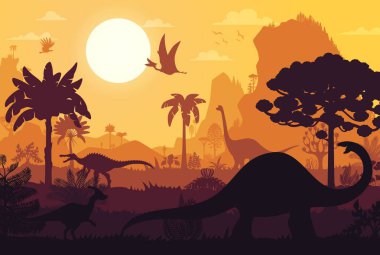Tarih öncesi dinozorlar Jura Ormanı 'nın siluetleri, günbatımı, vektör manzarası. Tarih öncesi dinozorlar, kertenkeleler ve kuş siluetleri Jurassic dönemi parkında güneşli