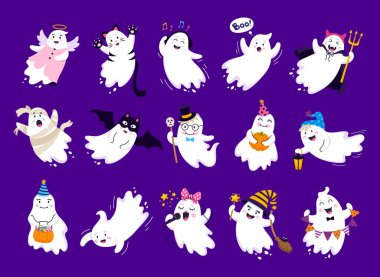Cadılar Bayramı Kawaii hayaletleri, tatil korku gecesi karakterleri, izole edilmiş vektör. Cadı kedili şirin hayalet balkabağı, bebek kötü ruh şarkı söylüyor ya da şeker mi şaka mı partisi için anne kostümü giyiyor.