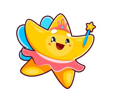 Şirin kawaii peri yıldızı karakter sihirli değnekle büyü yapıyor. Ayrı bir çizgi film vektörü neşeli ve mutlu bir ışıltı kişiliği Diadem, kanatlar ve pembe etekle süslenmiş büyülü, neşeli bir aura yayıyor.