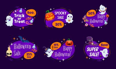 Halloween frames with kawaii ghost characters. Isolated cartoon vector promo sale badges, tags or greeting banners set for seasonal discount, festive clearance and trick or trick party celebration clipart