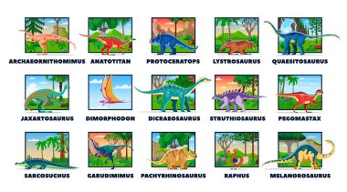Tarih öncesi karikatür dinozorları, dinazorların doğal yaşam alanlarını resmeden canlı arkaplanlarına karşı isimleri olan sergilenen dinozor türleri oluşturdular. Eğitici öğrenim, eğlence oyunları veya kitaplar için vektör kartları