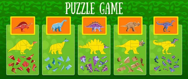 stock vector Kids puzzle game with pieces of dinosaurs. Vector cards with dino species matched with their scattered jigsaw pieces. Centrosaurus, indricorherium or alectrosaurus, dravidosaurus and ouranosaurus