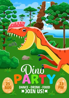 Tarih öncesi karikatür dinazor ve dinazor yumurtalı çocuk parti broşürü, vektör posteri. Çocuklar doğum günü ya da müzik eğlencesi için parti davetiyesi ve Jurassic Park 'taki komik dinozorlu yaz etkinliği