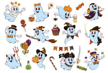 Çizgi film eski moda Cadılar Bayramı hayalet karakterleri. Şeker mi şaka mı gece kostümü giyiyorlar. Cadılar Bayramı hayaleti, hayalet ya da hayalet canavarlar balkabağı, cadı ve korsan şapkalı vektör kişilikleri.