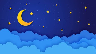 Kağıt kesiği hilal gece gökyüzü vektör arkaplanı çizgi film yıldızları ve 3d origami bulutları. Rüyalar, uzay, Ramazan ve gece gökyüzü bayrağı Altın ay, yıldızlar ve dalgalı kağıt ile sınırı kes