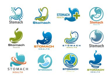 Mide tıbbı ikonları. Gastroenteroloji tıbbının sindirim sistemi, sindirim sistemi ya da gastrointestinal organ vektör sembolleri. Bağırsaklarında gaz kabarcıkları olan mide ve bağırsak siluetleri.