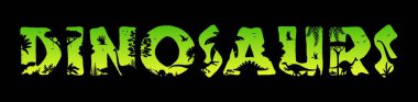 Orman yağmur ormanlarındaki dinozorlar tarih öncesi kertenkelelerin silueti, vektör Jurassic Park arka planı. Kesik harflerle ormandaki dinozorlar siluet, tarih öncesi kertenkele sürüngenler ve kuşlar.