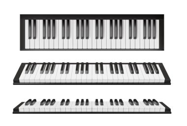 Tuşlu, sentezleyicili veya müzik enstrümanlı gerçekçi piyano klavyesi, vektör izole edilmiş üç boyutlu nesne. Gerçekçi piyano ya da caz ve klasik müzik enstrümanı üst ve 45 derecelik açıyla