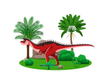 Carnotaurus tarih öncesi dinozor karakteri. İzole edilmiş karikatür vektör etobur antik sürüngen. Dino yırtıcısı yemyeşil çalı ve kayayla dolu muzlu, canlı tropikal bir arazide.