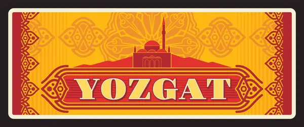 stock vector Yozgat Turkey province turkish retro travel plate, vintage plaque. Vector map, Capanoglu Camii mosque sticker and old tin sign with arabesque pattern, Turkish travel design, tourist destination