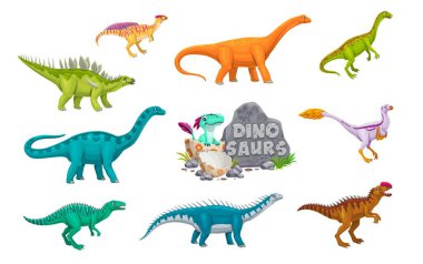 Karikatür dinazor karakterleri ve yumurta içinde sevimli bebek dino, tarih öncesi orman ormanlarının komik hayvanlarının vektörü. Komik kentrosaurus, wannanosaurus, monolophosaurus ve datousaurus karakterleri