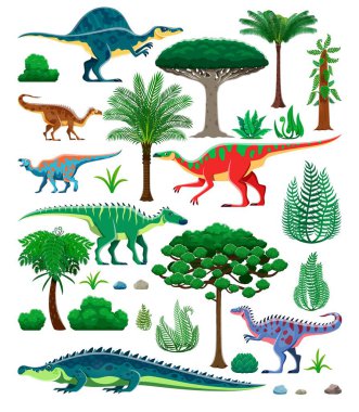 Tarih öncesi dinazorlar, ağaçlar ve bitkiler, vektör karikatür dino karakterleri. Çocuklar için ormandaki komik dinozor kertenkeleleri. Oxalaia, Sarcosuchus ve Anatotitan arkeoloji koleksiyonu.