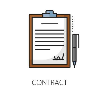 İşe alım sözleşmesi, iş kariyeri arama renk çizgisi ikonu. İş başı avcı hattı pictogram, insan kaynakları, istihdam ve işe alım çizgisi vektör simgesi imzalı sözleşme belgesi ve kalem