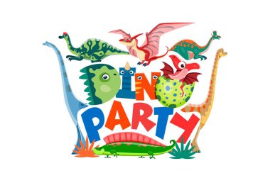 Kids birthday dino party invitation flyer. Vector vibrant and playful invite for dino-themed event with cartoon adult and baby dinosaur reptiles hatching from the eggs with colorful and fun typography clipart