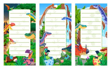 Prehistoric dino, note paper, to do list, diary, notebook and notepad pages vector templates. Cartoon jurassic dinosaur characters and cute baby dino eggs frame background, writing note paper set clipart