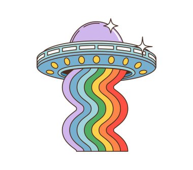 Cartoon groovy space UFO or alien saucer with rainbow, vector 70s retro hippie art. Groovy alien UFO spaceship with psychedelic rainbow flow and stars in galaxy space for funky disco or rave music clipart